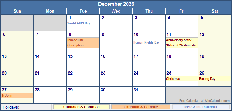 December 2026 Canada Calendar With Holidays For Printing image Format