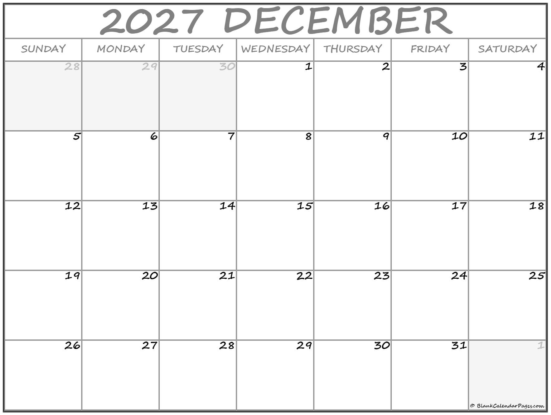 December 2027 Calendar Free Printable Calendars