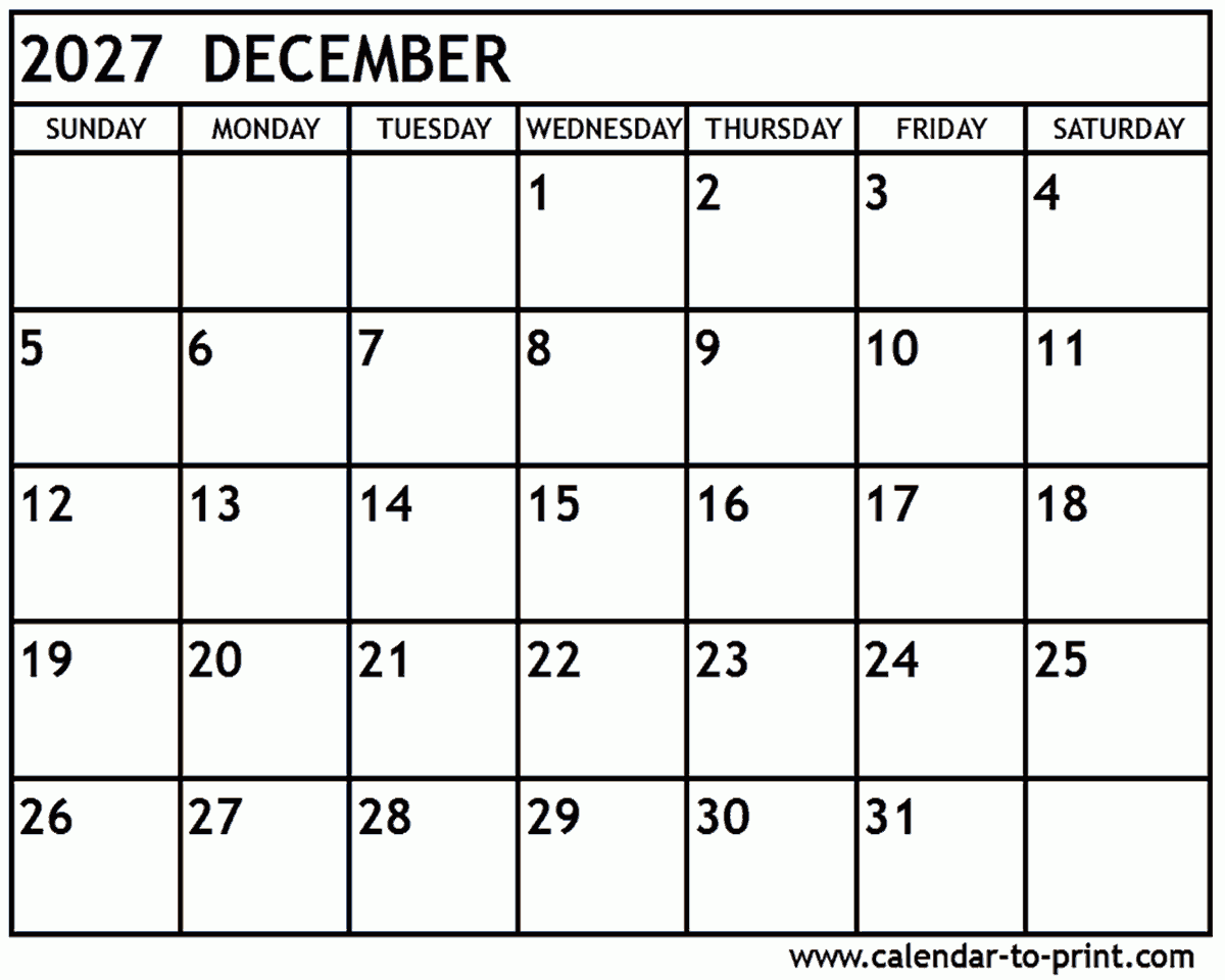 December 2027 Calendar Printable