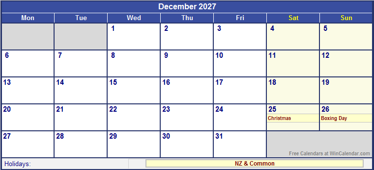 December 2027 New Zealand Calendar With Holidays For Printing image 