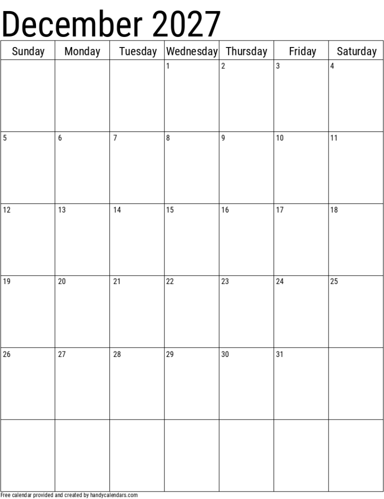 December 2027 Vertical Calendar Handy Calendars