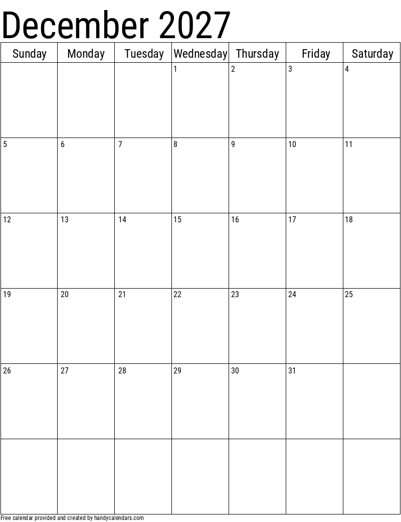 December 2027 Vertical Calendar Handy Calendars