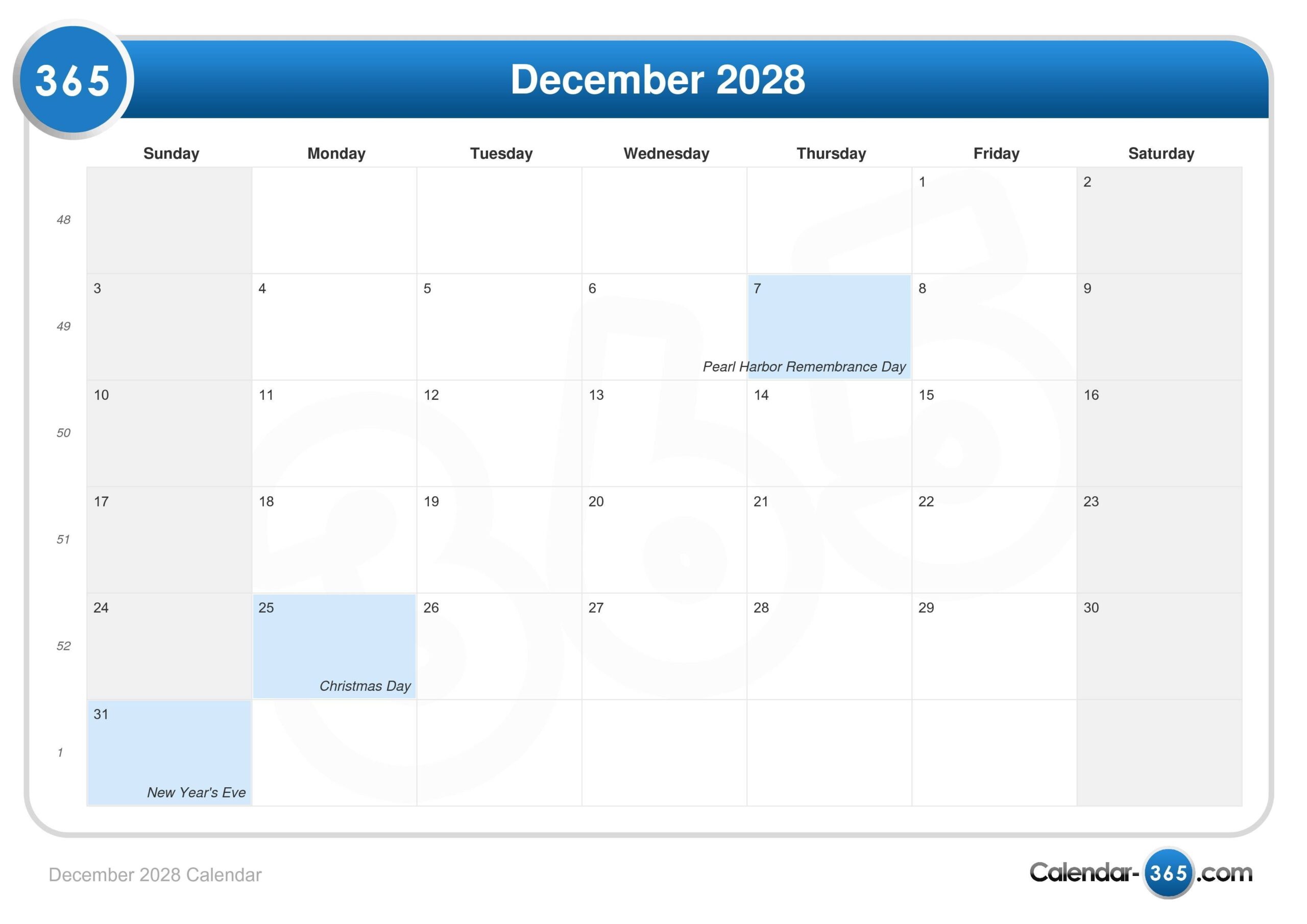 December 2028 Calendar