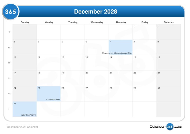 December 2028 Calendar