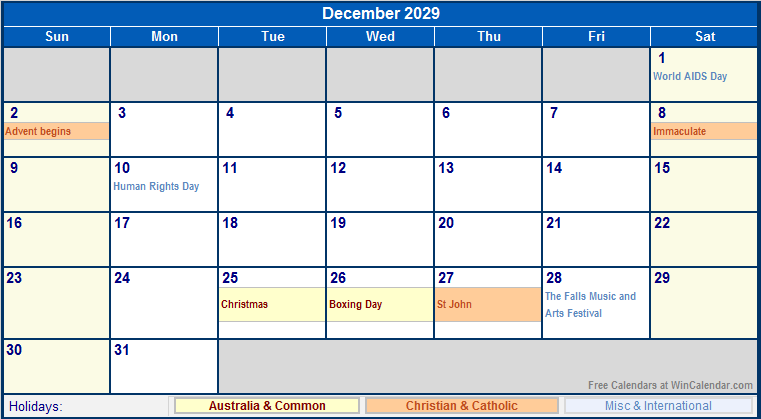 December 2029 Australia Calendar With Holidays For Printing image Format 
