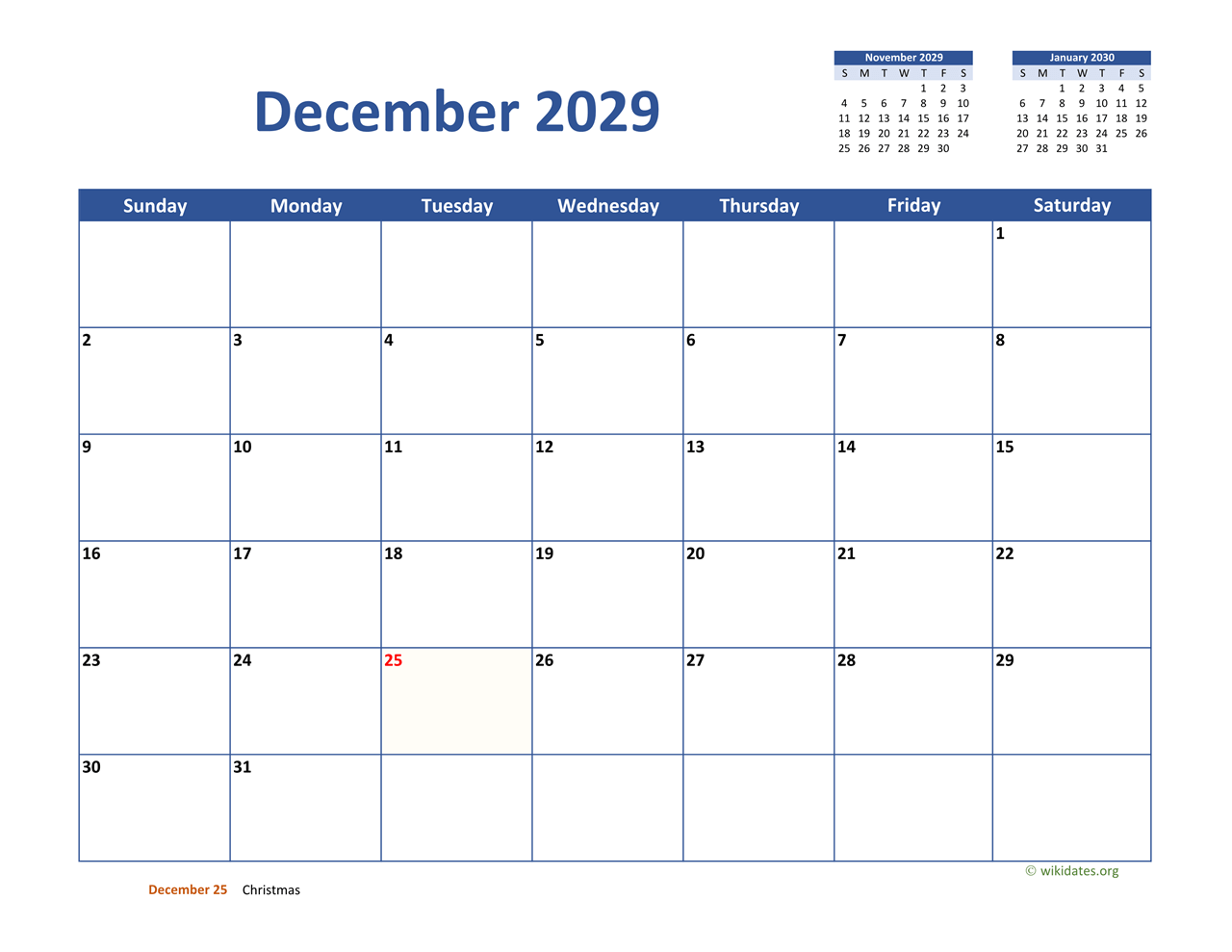 December 2029 Calendar Classic WikiDates