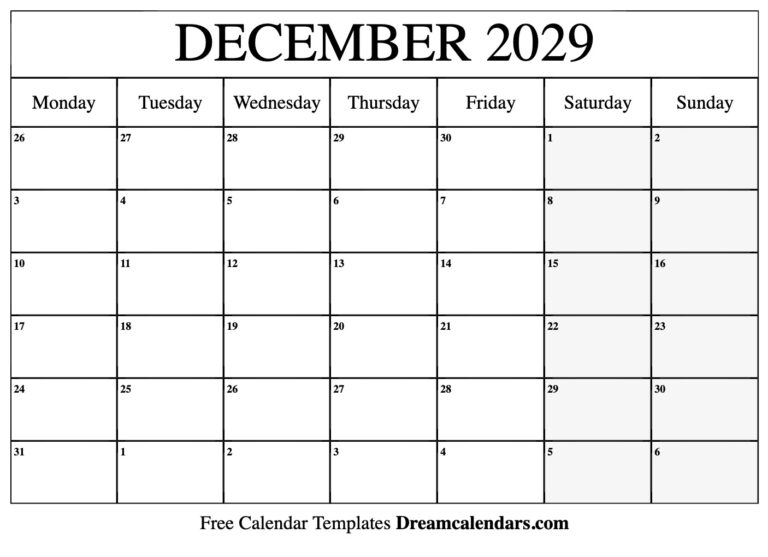December 2029 Calendar Free Printable With Holidays And Observances