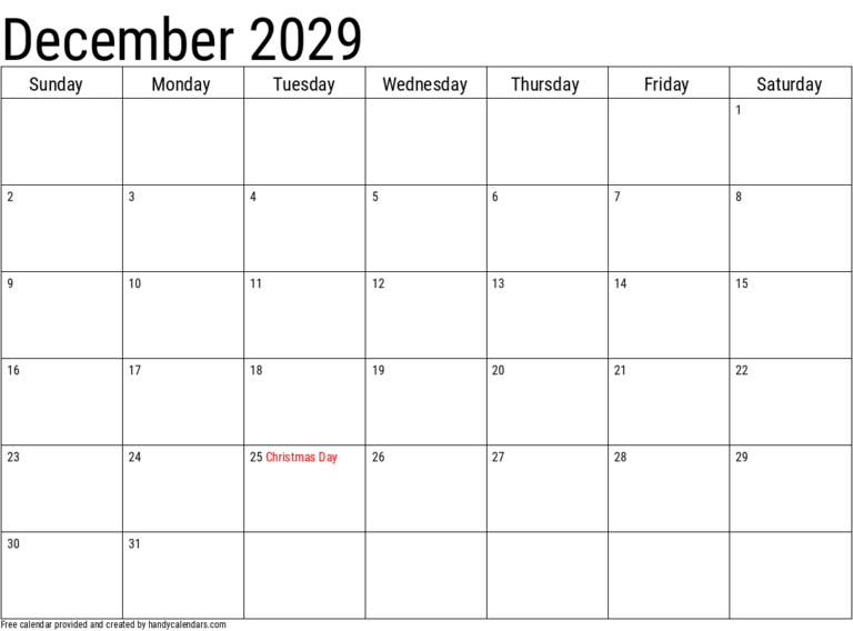 December 2029 Calendar With Holidays Handy Calendars