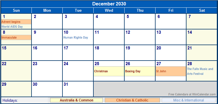 December 2030 Australia Calendar With Holidays For Printing image Format 