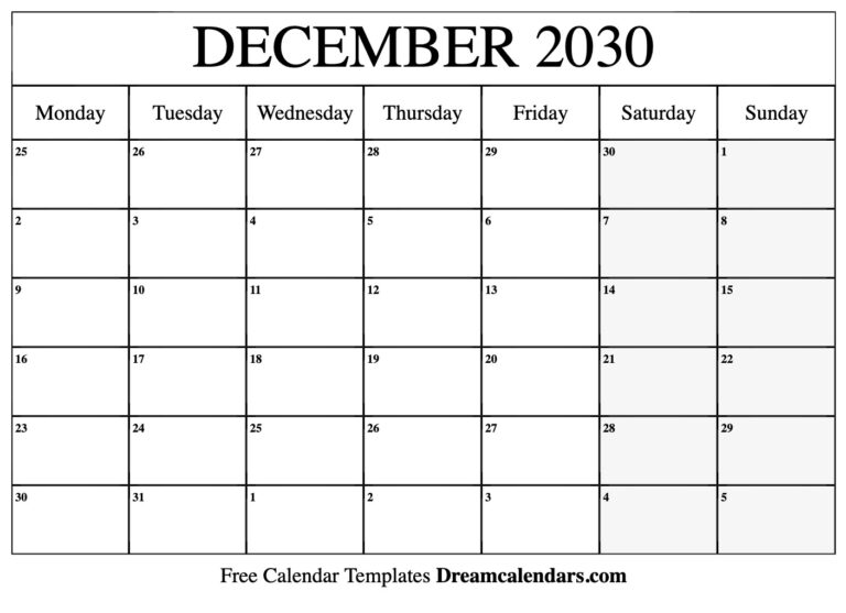 December 2030 Calendar Free Printable With Holidays And Observances