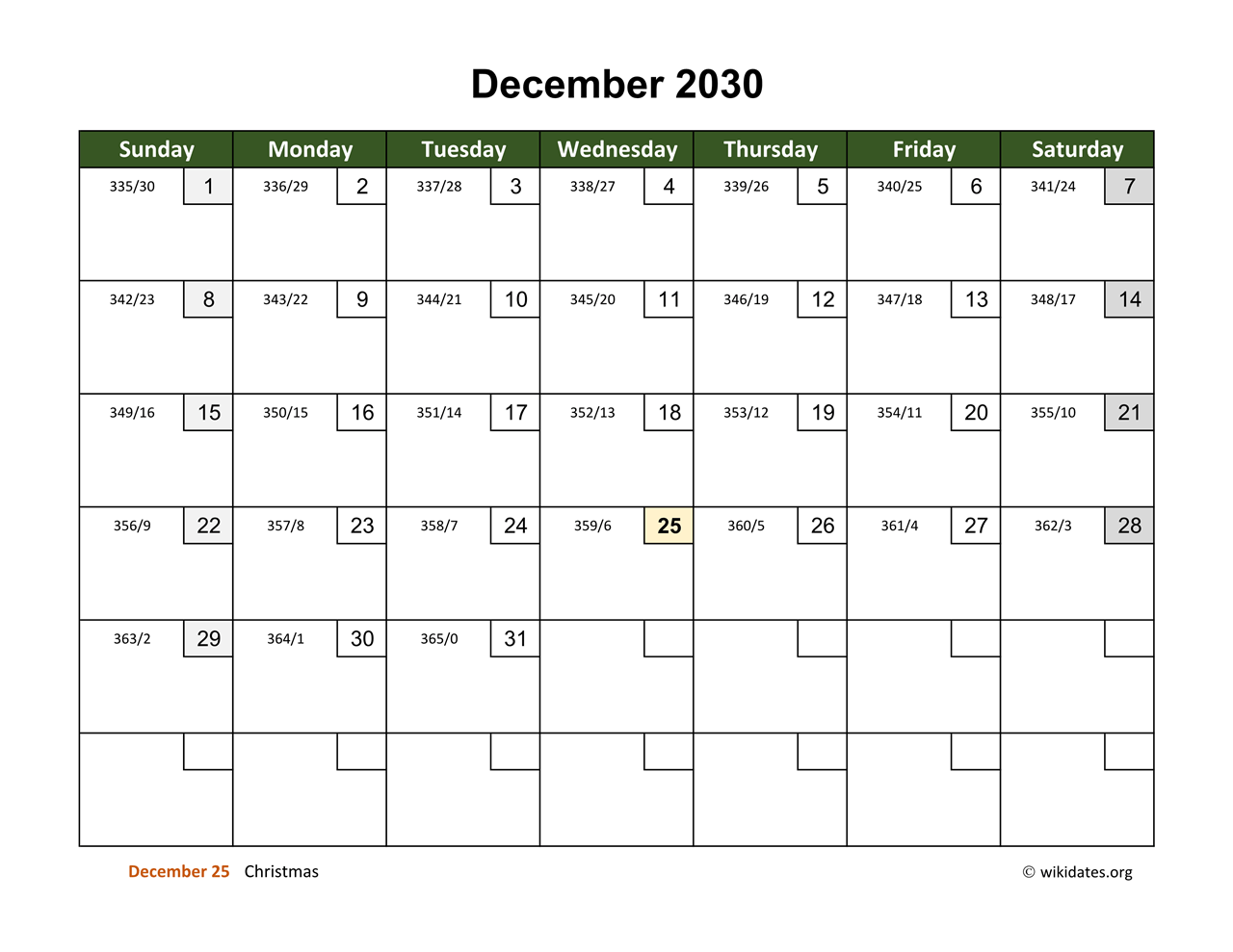 December 2030 Calendar With Day Numbers WikiDates