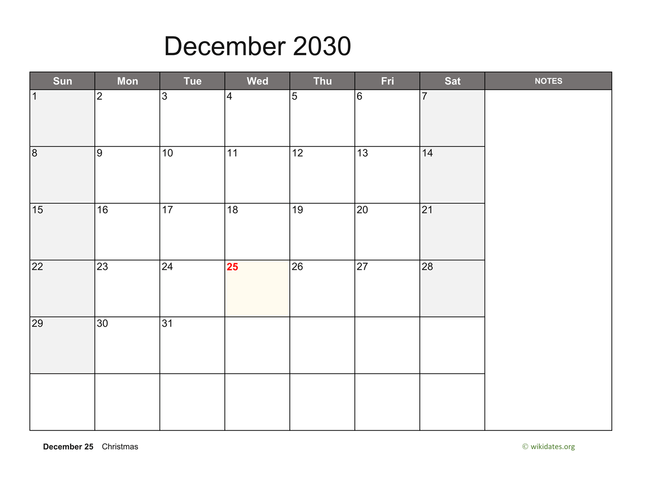 December 2030 Calendar With Notes WikiDates
