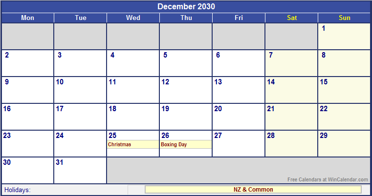 December 2030 New Zealand Calendar With Holidays For Printing image 