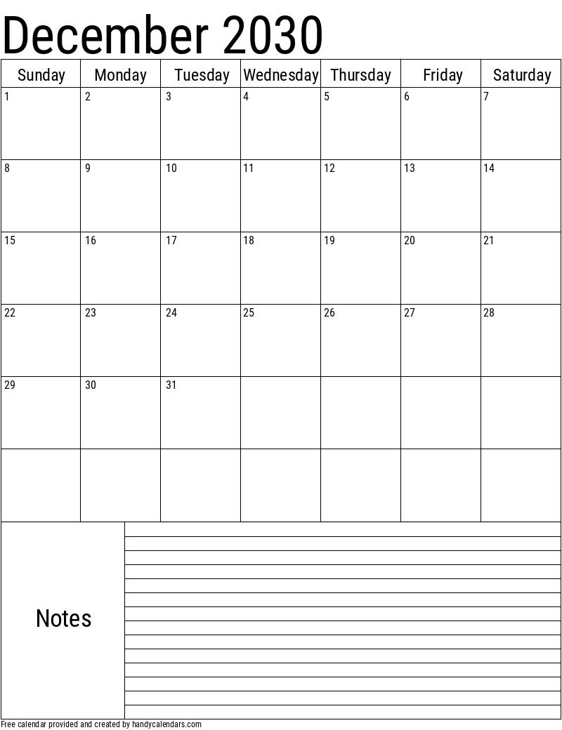 December 2030 Vertical Calendar With Notes Handy Calendars