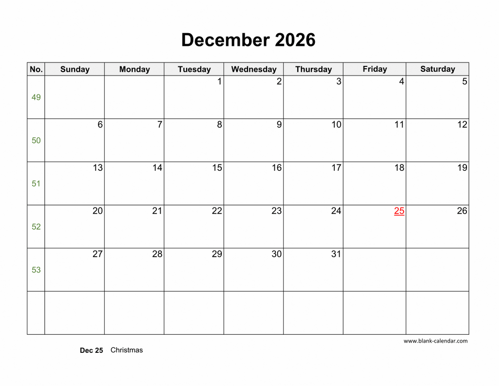 Download December 2026 Blank Calendar horizontal 