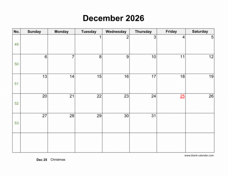 Download December 2026 Blank Calendar horizontal 