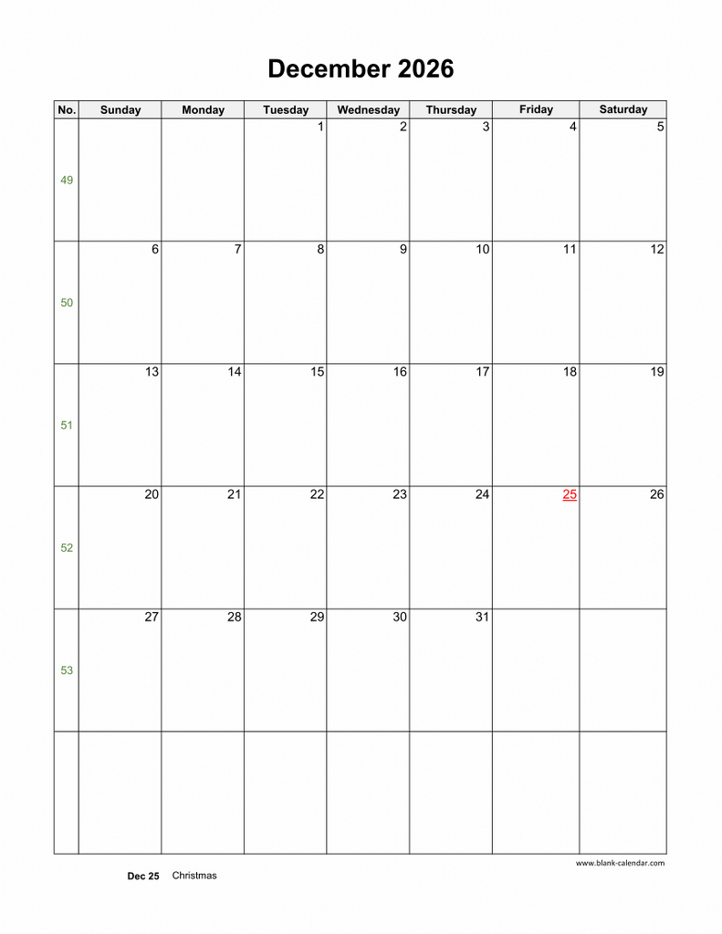 Download December 2026 Blank Calendar With US Holidays vertical