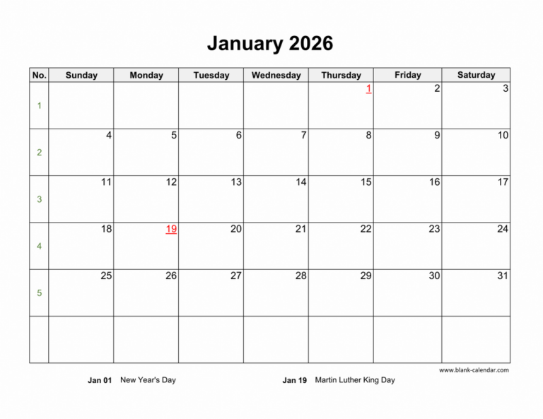 Download January 2026 Blank Calendar horizontal 