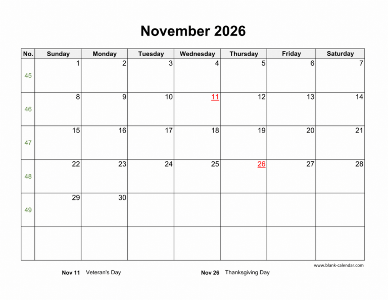 Download November 2026 Blank Calendar With US Holidays horizontal 
