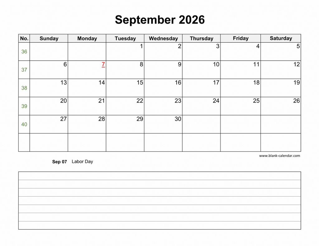 Download September 2026 Blank Calendar With Space For Notes horizontal