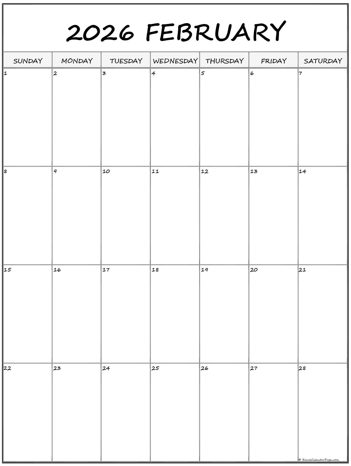 February 2026 Vertical Calendar Portrait