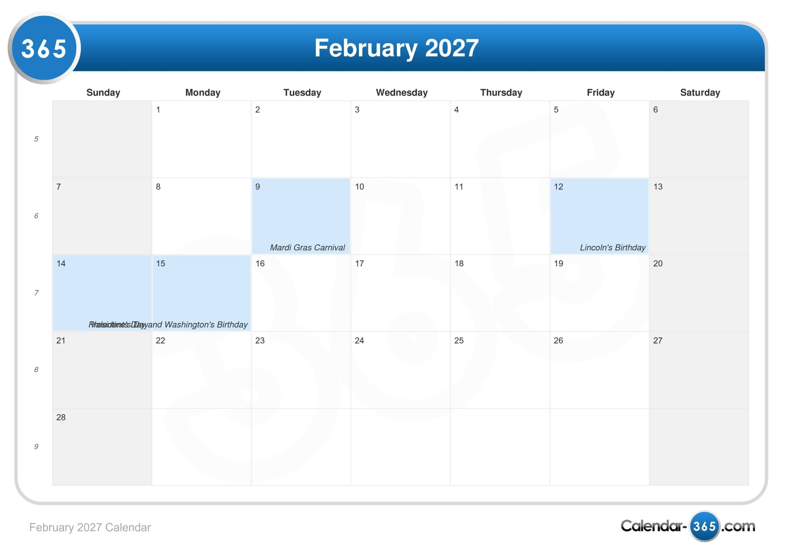 February 2027 Calendar