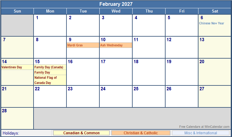February 2027 Canada Calendar With Holidays For Printing image Format 