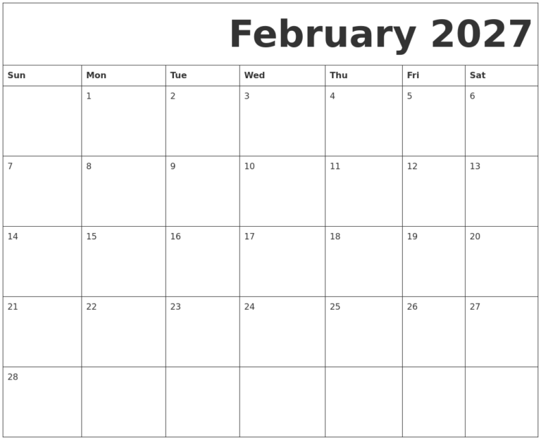 February 2027 Free Printable Calendar