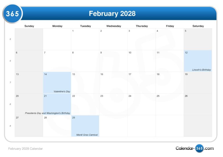 February 2028 Calendar