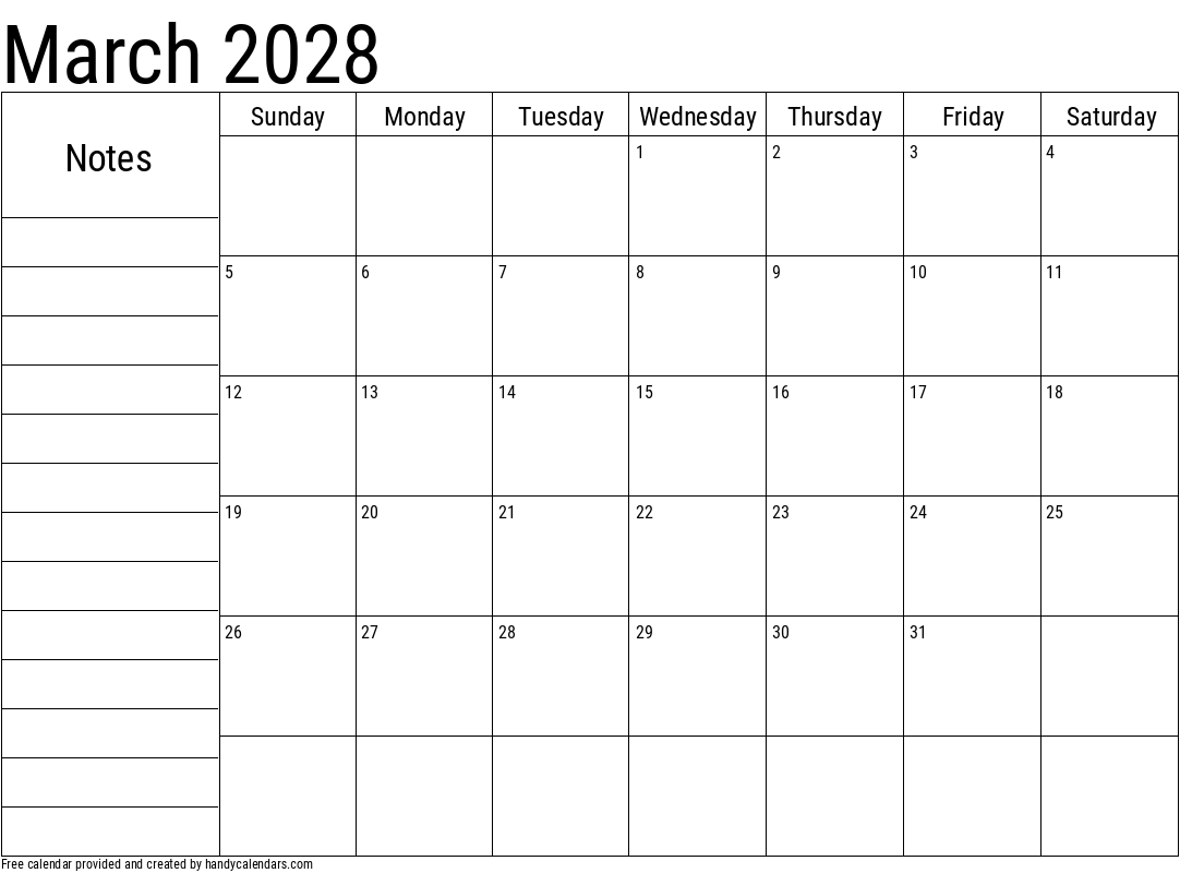 February 2028 Calendar With Notes Handy Calendars