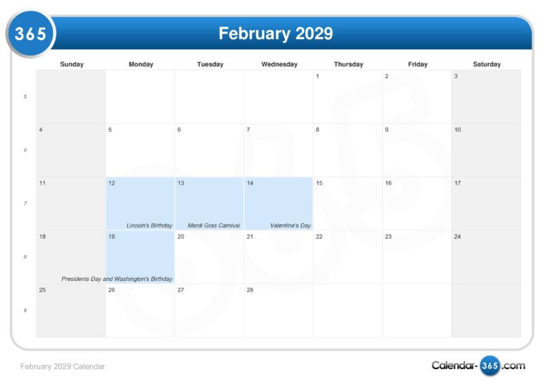 February 2029 Calendar
