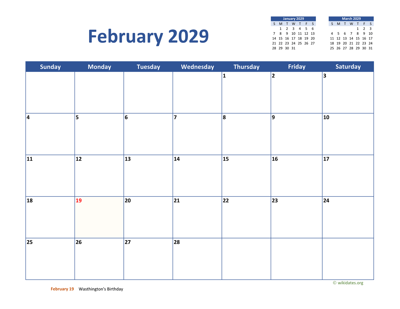 February 2029 Calendar Classic WikiDates