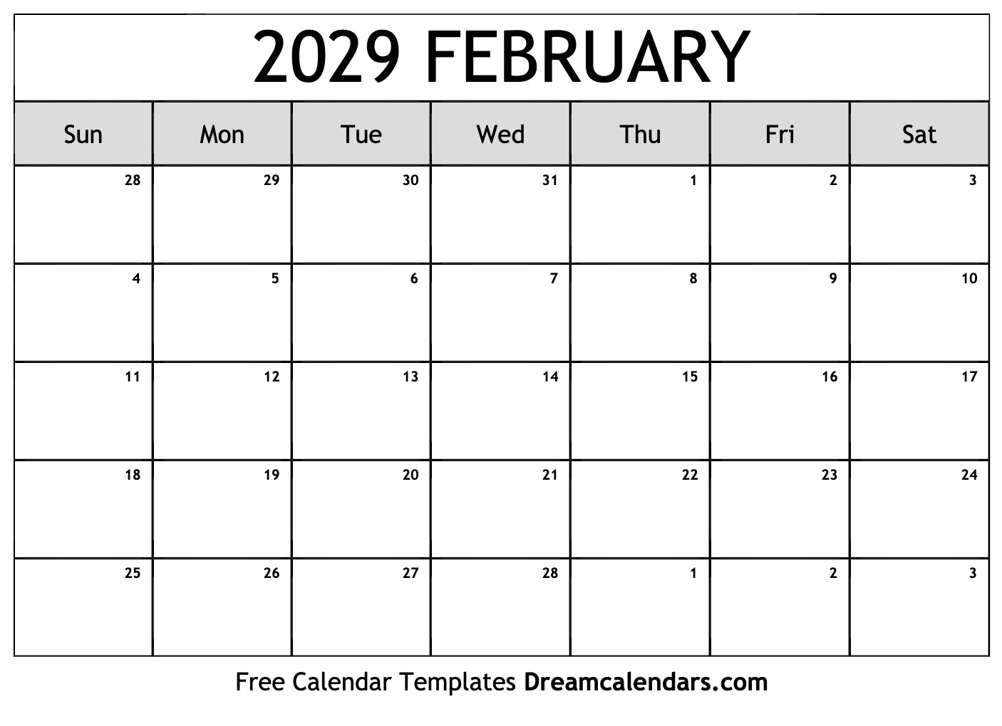 February 2029 Calendar Free Printable With Holidays And Observances