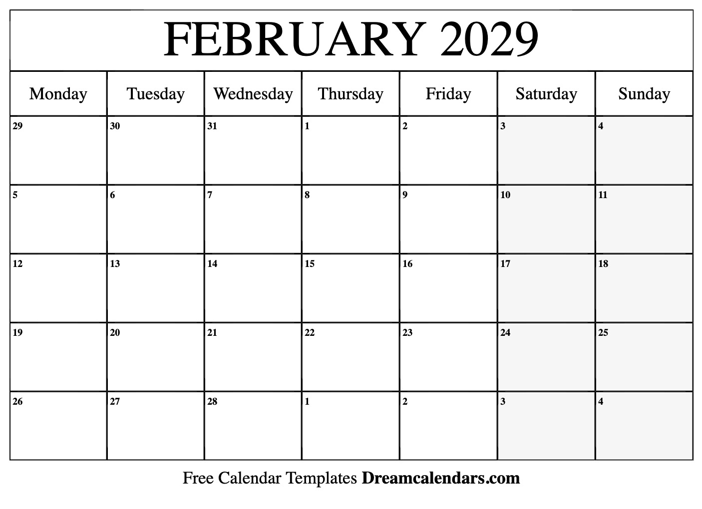 February 2029 Calendar Free Printable With Holidays And Observances