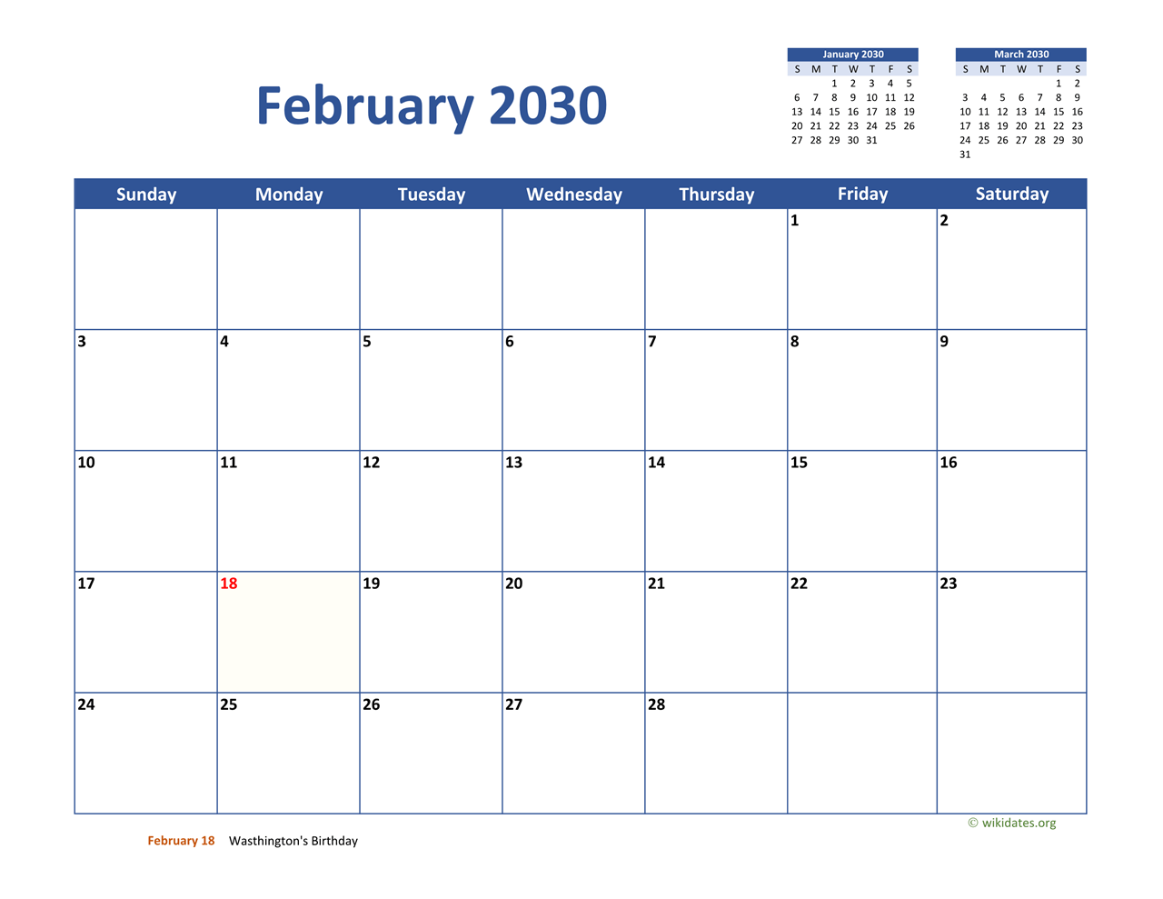 February 2030 Calendar Classic WikiDates