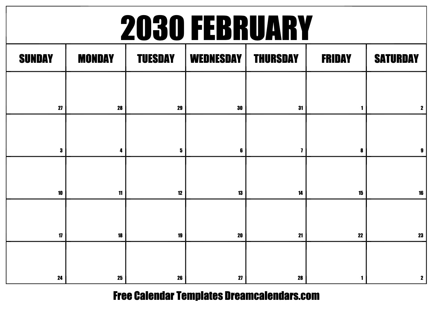February 2030 Calendar Free Printable With Holidays And Observances