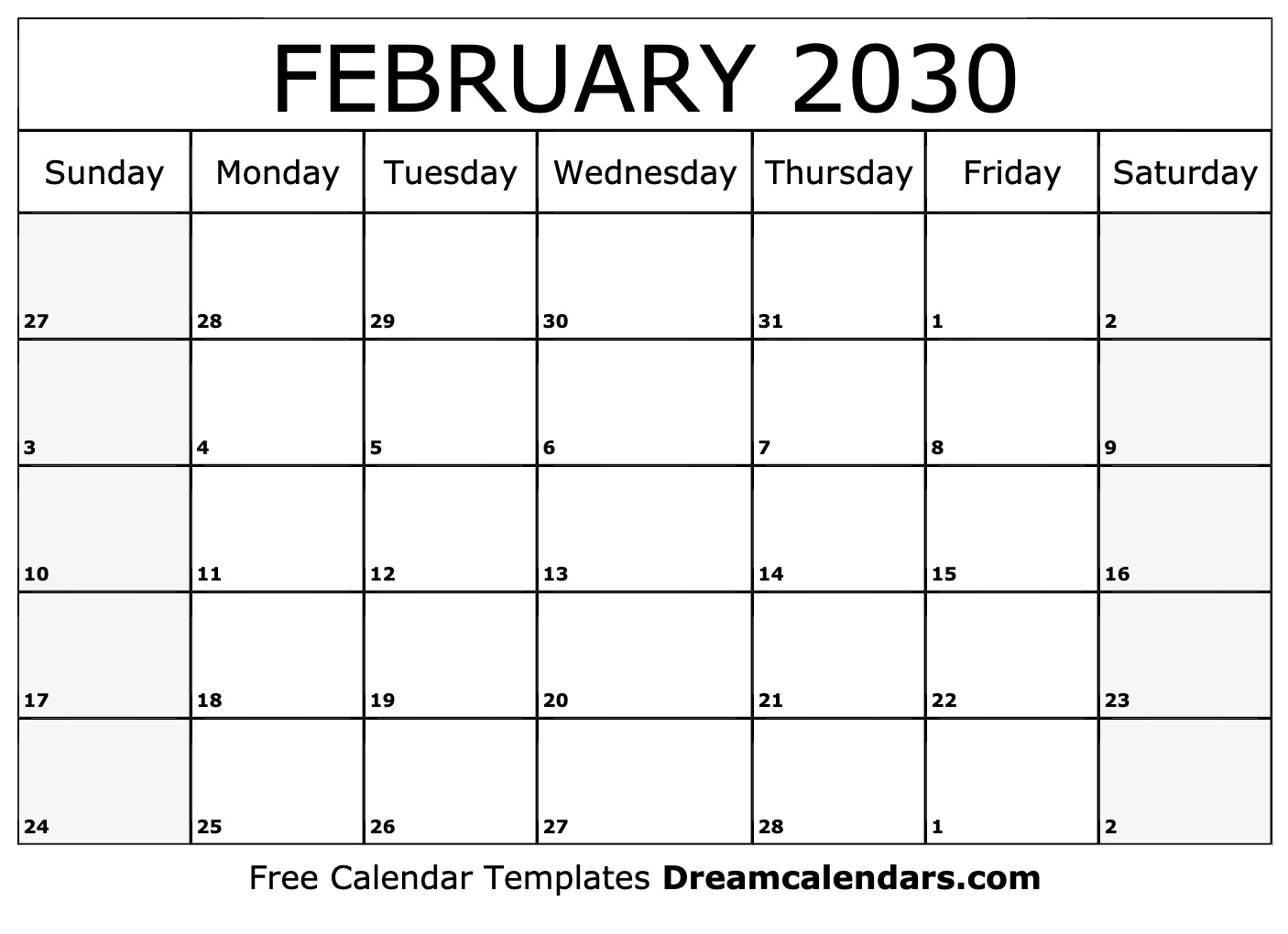 February 2030 Calendar Free Printable With Holidays And Observances