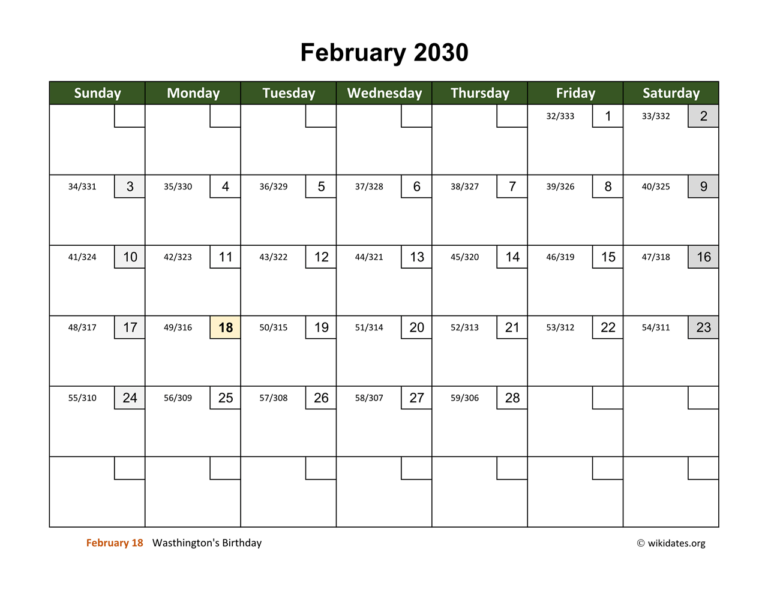 February 2030 Calendar With Day Numbers WikiDates
