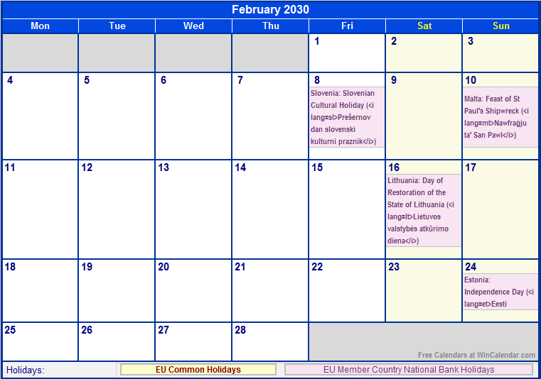 February 2030 EU Calendar With Holidays For Printing image Format 
