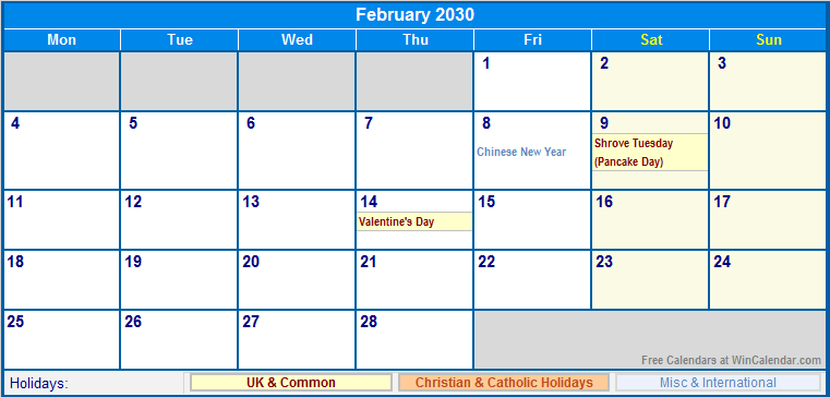 February 2030 UK Calendar With Holidays For Printing image Format 