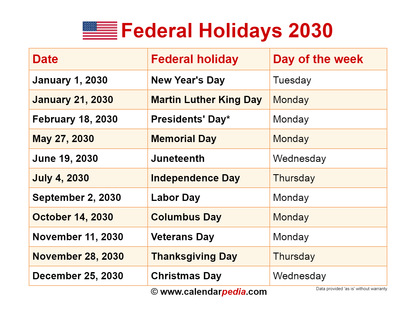 Federal Holidays 2030