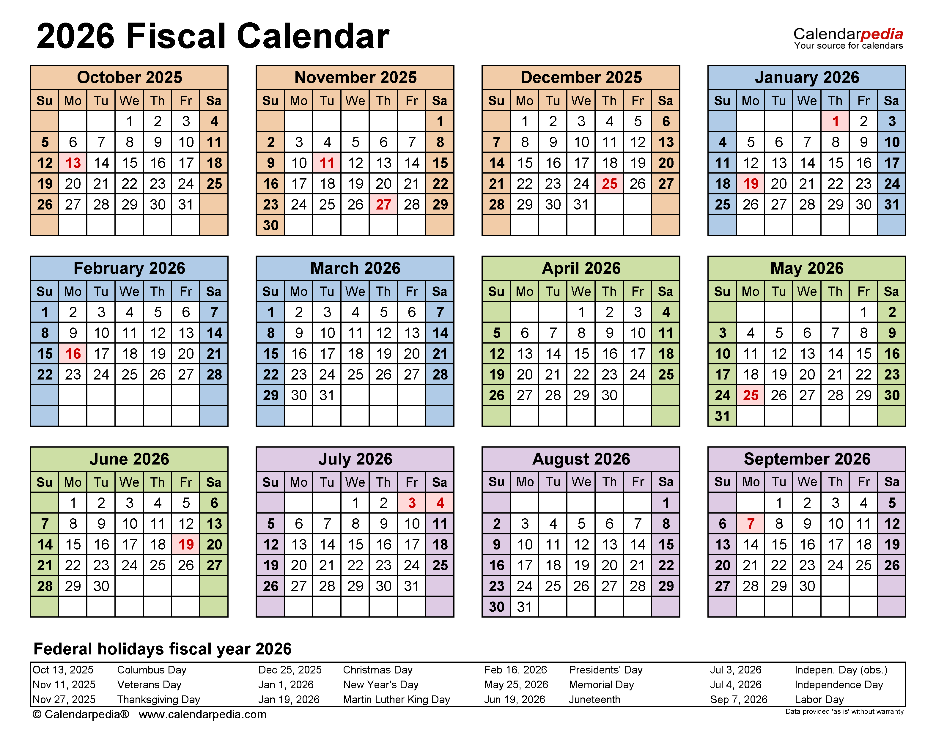 Fiscal Calendars 2026 Free Printable Word Templates