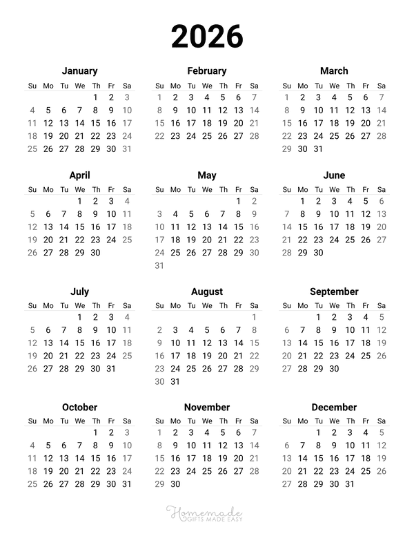 Free 2026 Printable Calendar