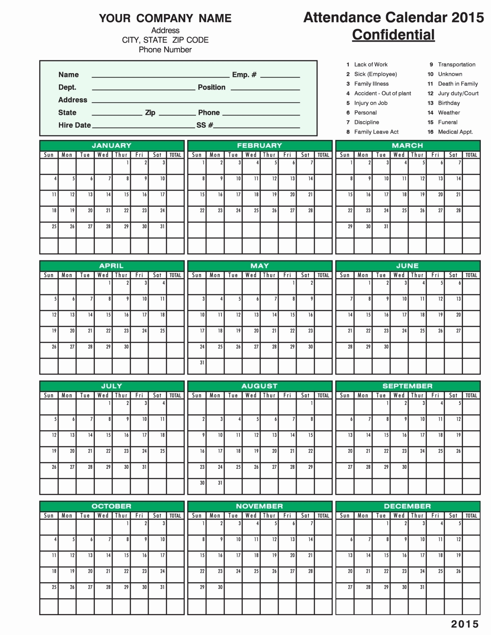 Free Attendance Calendar Printable Best Calendar Example