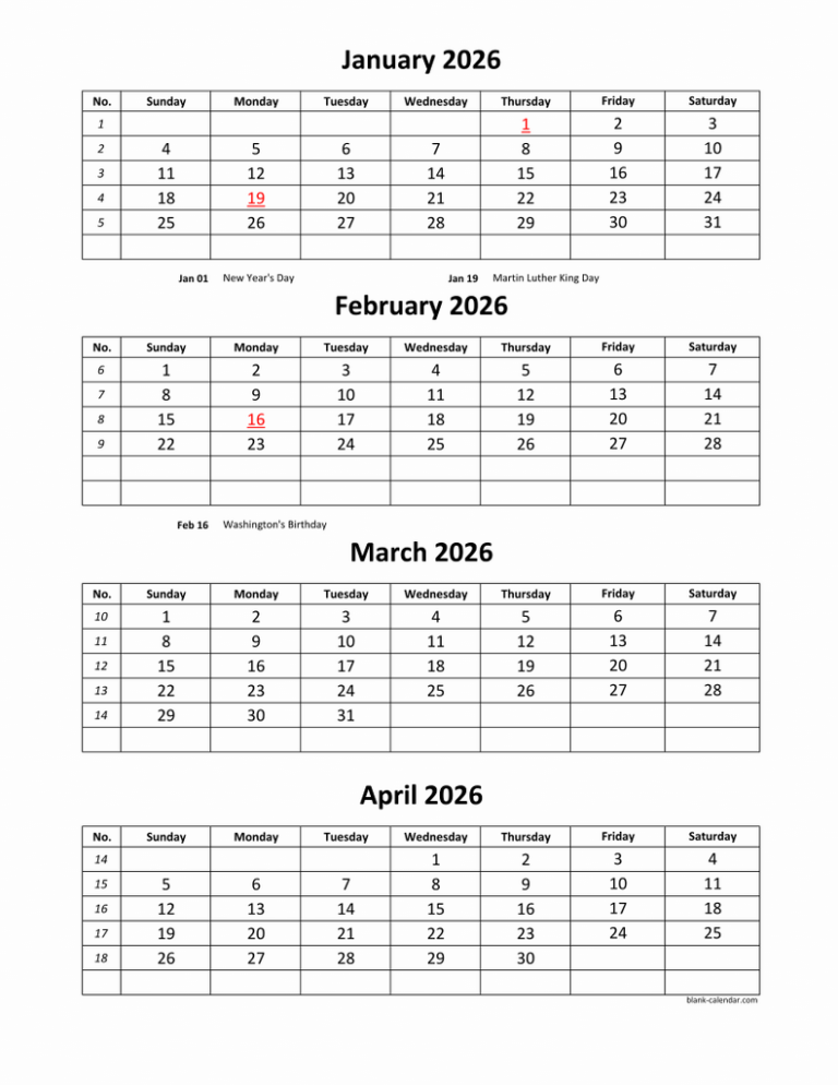 Free Download Printable Calendar 2026 4 Months Per Page 3 Pages 