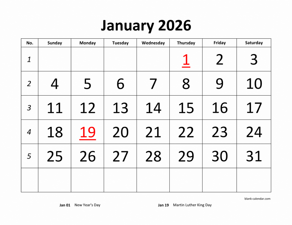 Free Download Printable Calendar 2026 Large Font Design Holidays On Red