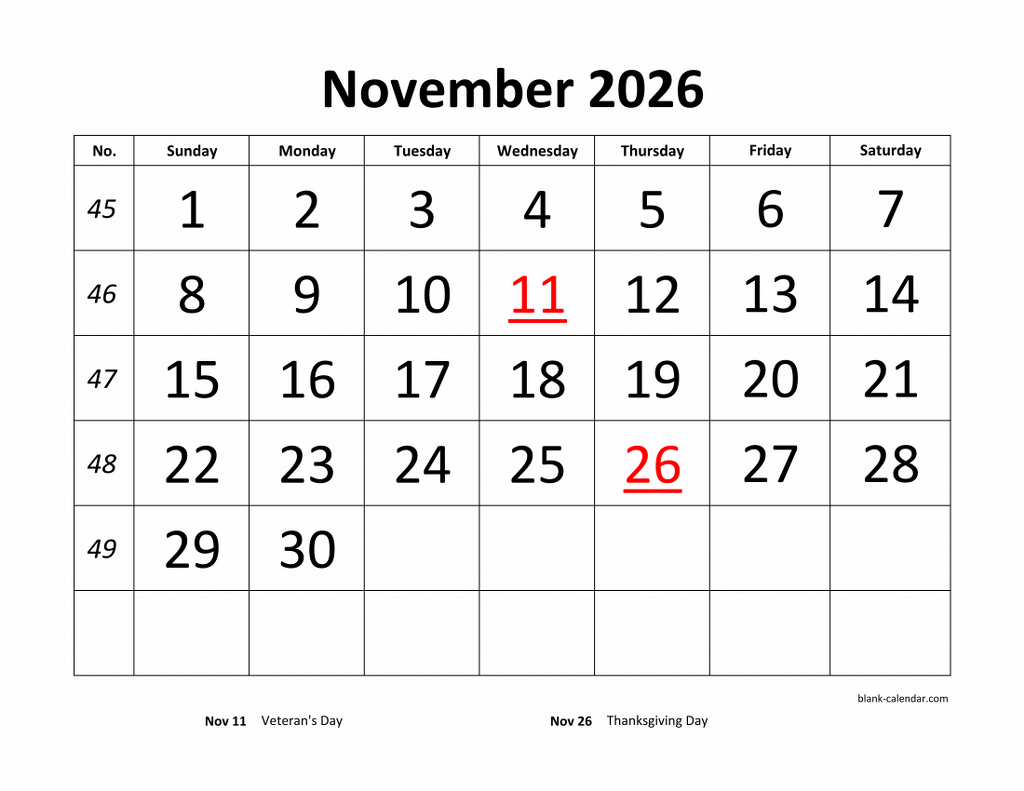 Free Download Printable November 2026 Calendar Large Font Design 