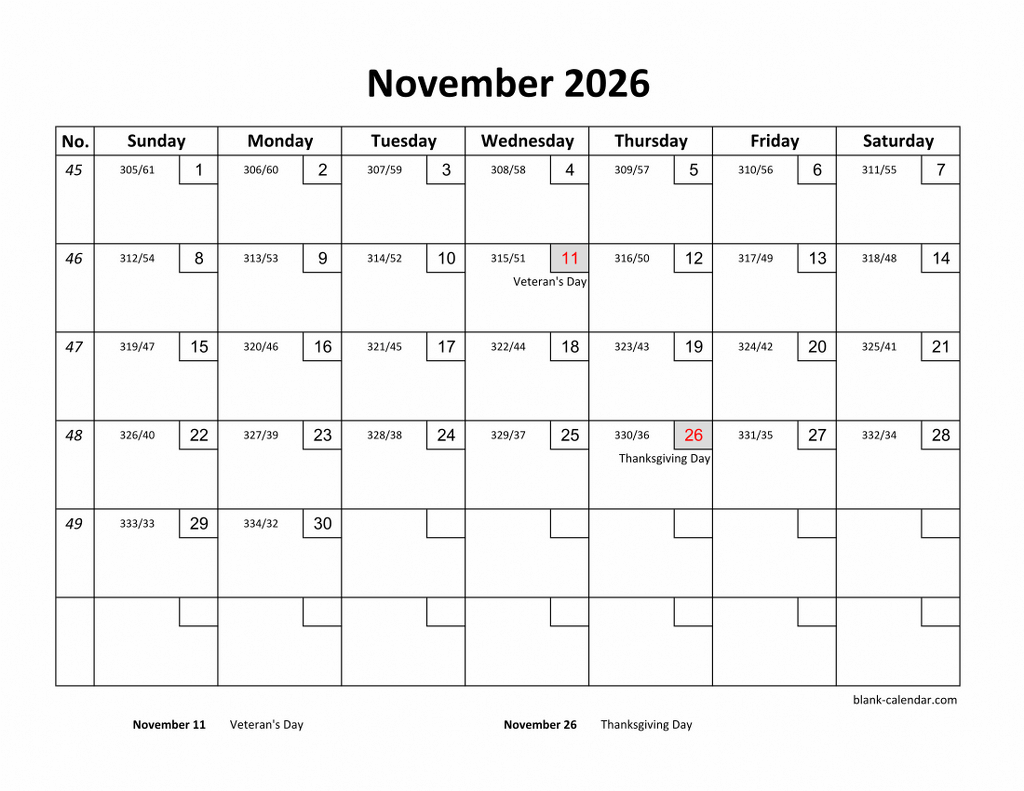 Free Download Printable November 2026 Calendar With Check Boxes