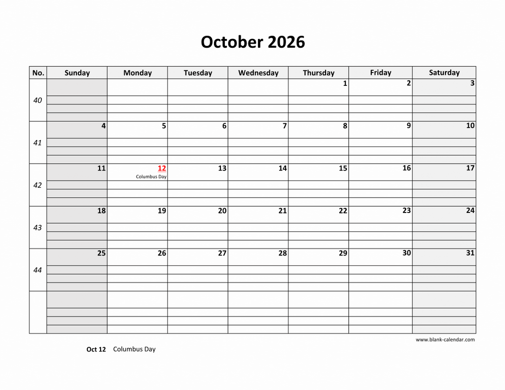Free Download Printable October 2026 Calendar Large Box Grid Space 