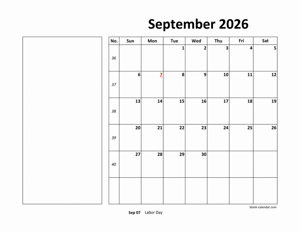 Free Download Printable September 2026 Calendar Large Box Holidays